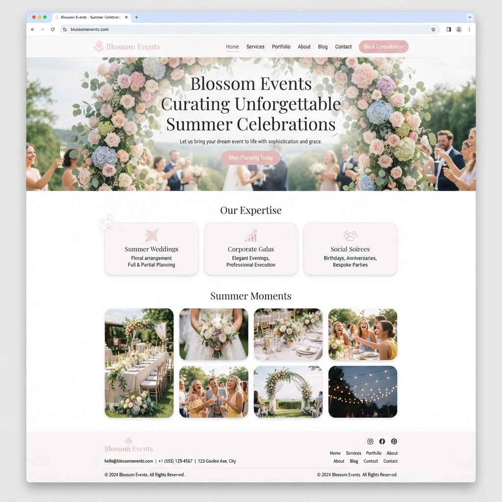 Blossom Events website design mockup